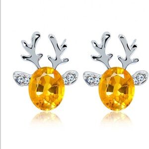 Silver Reindeer Yellow Crystal Stud Christmas Holiday Earrings Nwt